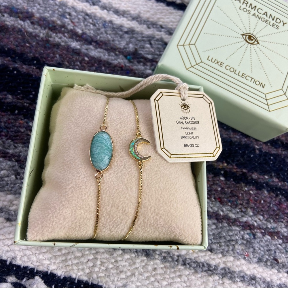 Armcandy Gold Tone Brass Moon Amazonite Bracelet Set of 2 in Box
